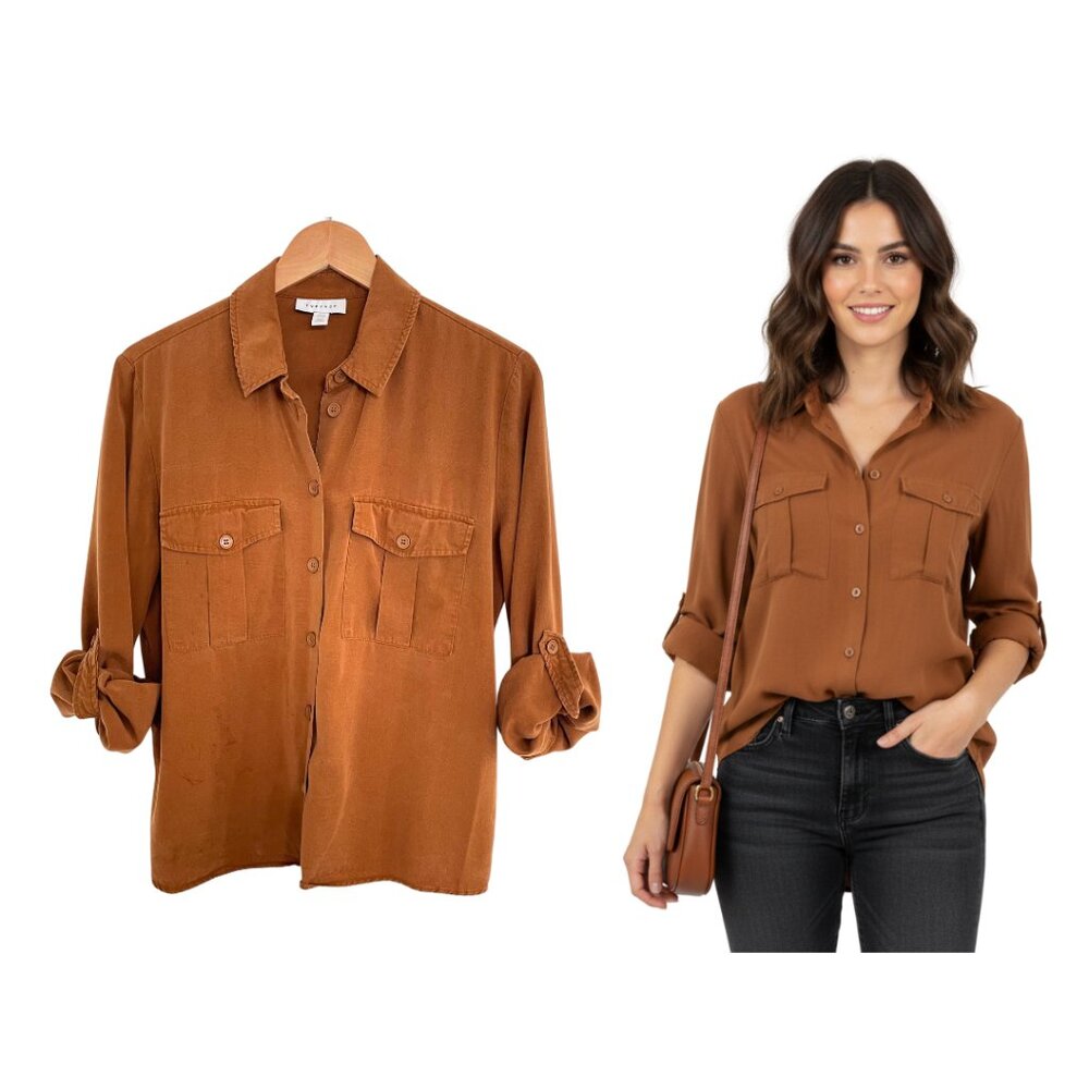Topshop Shirt Women 6-8 Brown Button Up Double Pocket Utility Camel Long Sleeve